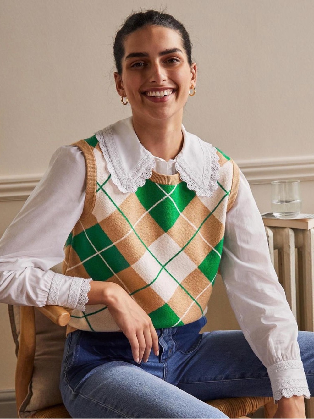 Boden Argyle Harriet Cashmere Sweater Vest Academia